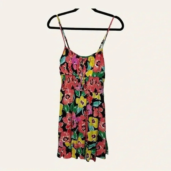 0097. Gb FLORAL MINI DRESS SMOCKING BACK ADJUSTABLE SPAGHETTI STRAPS SIZE SM - Picture 2 of 9